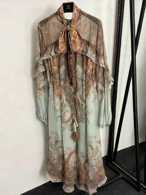 Zimmermann Mint Green Copper Paisley Print Tie Neck Maxi Dress